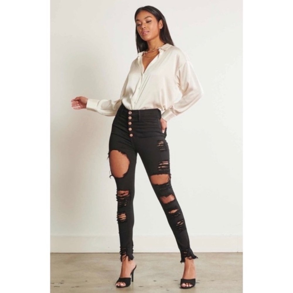 Black Rose Gold Button Up Distressed Skinny Jeans - Picture 8 of 8